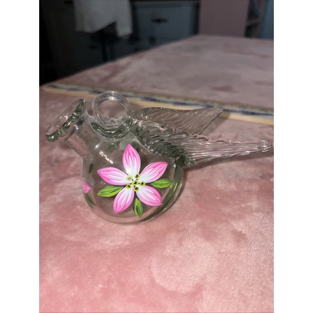 Hand Blown Parasol Recycled Glass Mini Winged Hummingbird Feeder. No Stopper.